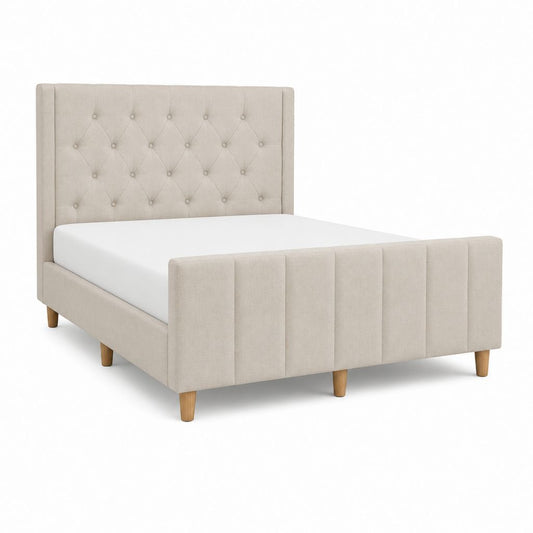 Lit double capitonné beige en polyester avec cadre 160 x 200 cm
