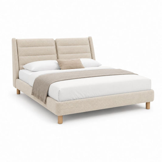 Lit double beige en polyester avec tête de lit capitonnée 160 x 200 cm