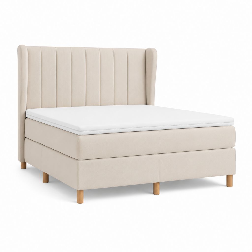 Lit double capitonné beige en velours polyester avec sommier et matelas 160 x 200 cm