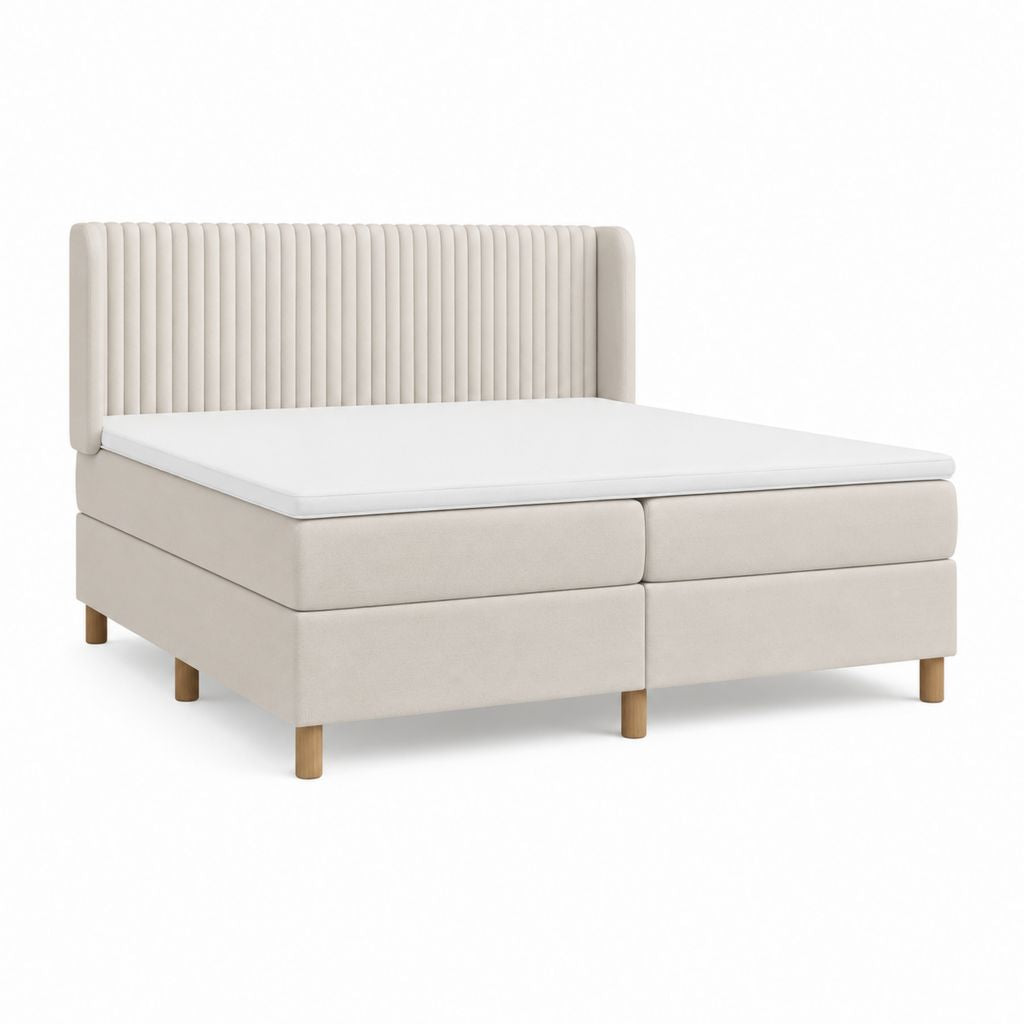 Lit boxspring 160 x 200 cm beige en polyester avec tête de lit capitonnée
