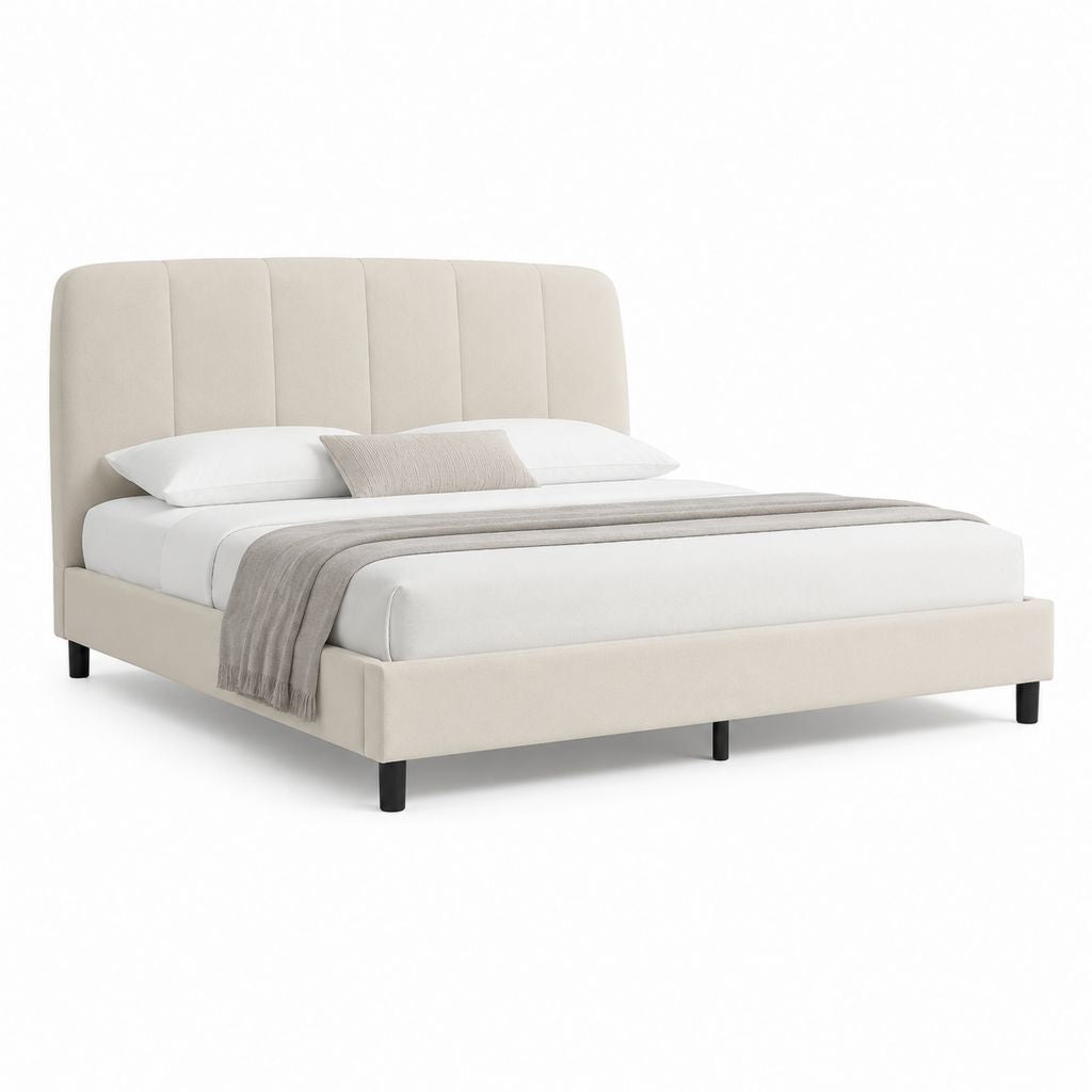 Lit double capitonné beige en polyester 160 x 200 cm avec tête de lit