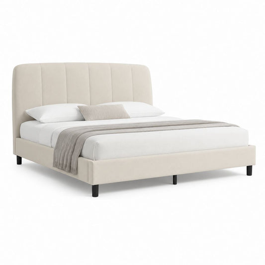 Lit double capitonné beige en polyester 160 x 200 cm avec tête de lit