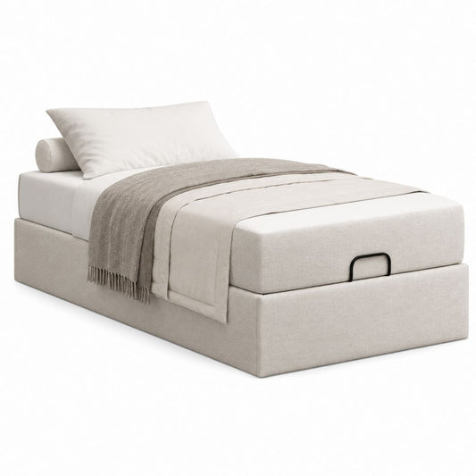 Lit coffre 1 place beige en polyester 90 x 190 cm avec rangement