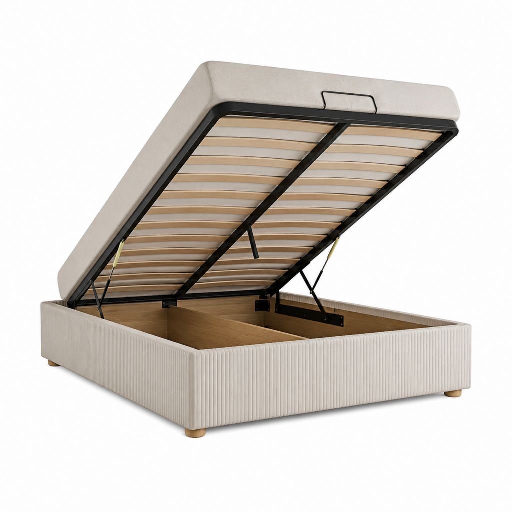 Lit coffre relevable beige en polyester 160 x 200 cm avec sommier à lattes