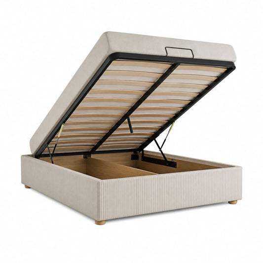 Lit coffre relevable beige en polyester 160 x 200 cm avec sommier à lattes