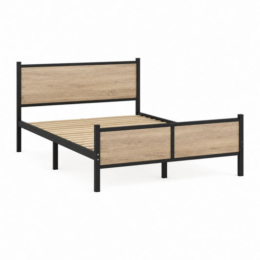 Lit double avec cadre noir et chêne clair en acier et MDF 140 x 190 cm