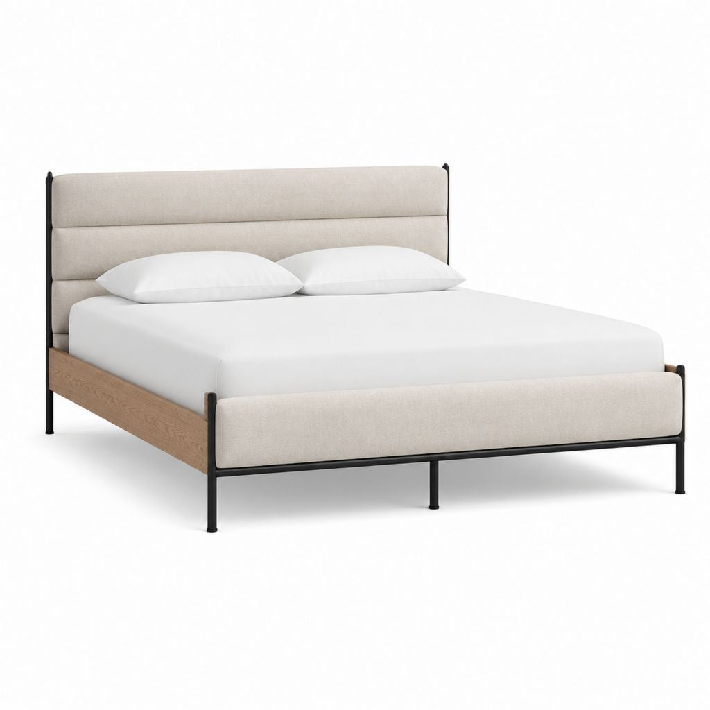 Cadre de lit double 160 x 200 cm beige en polyester avec structure acier et panneaux chêne