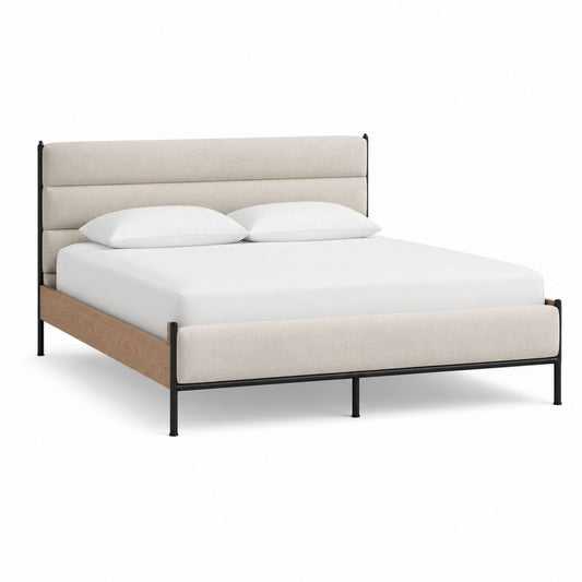 Cadre de lit double 160 x 200 cm beige en polyester avec structure acier et panneaux chêne