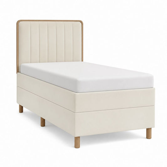 Lit simple 90 x 200 cm beige en polyester avec cadre en MDF et pieds en bois massif