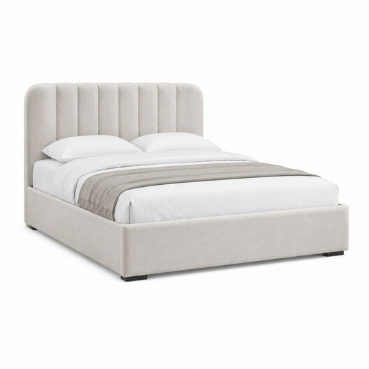 Lit double capitonné beige en polyester avec tête de lit verticale 160 x 200 cm