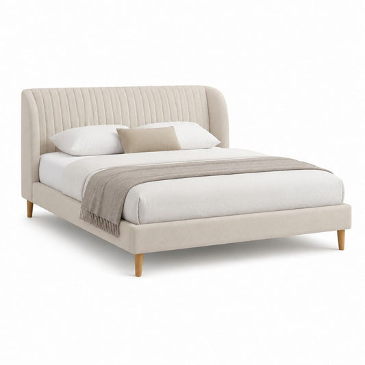 Lit double beige en polyester avec tête de lit capitonnée 160 x 200 cm