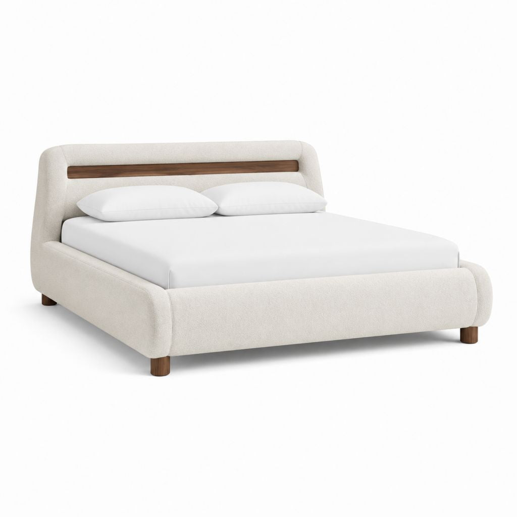Lit double rectangulaire 160 x 200 cm beige en polyester bouclé avec cadre en bois
