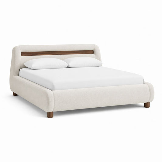 Lit double rectangulaire 160 x 200 cm beige en polyester bouclé avec cadre en bois
