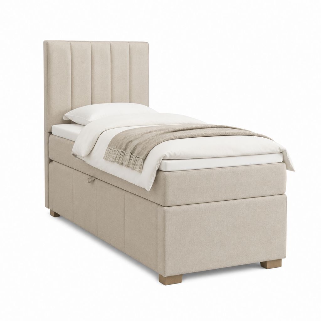 Lit coffre une place beige en polyester 90 x 190 cm avec tête de lit capitonnée