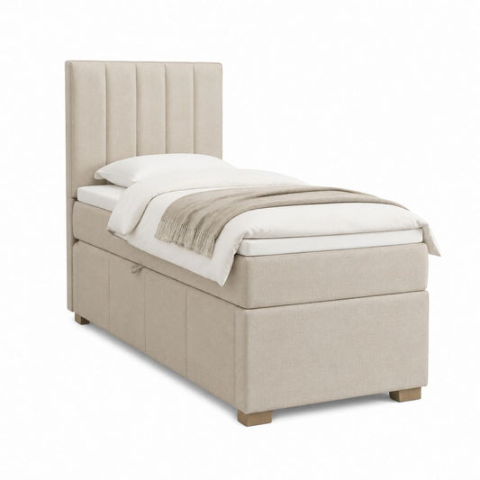 Lit coffre une place beige en polyester 90 x 190 cm avec tête de lit capitonnée