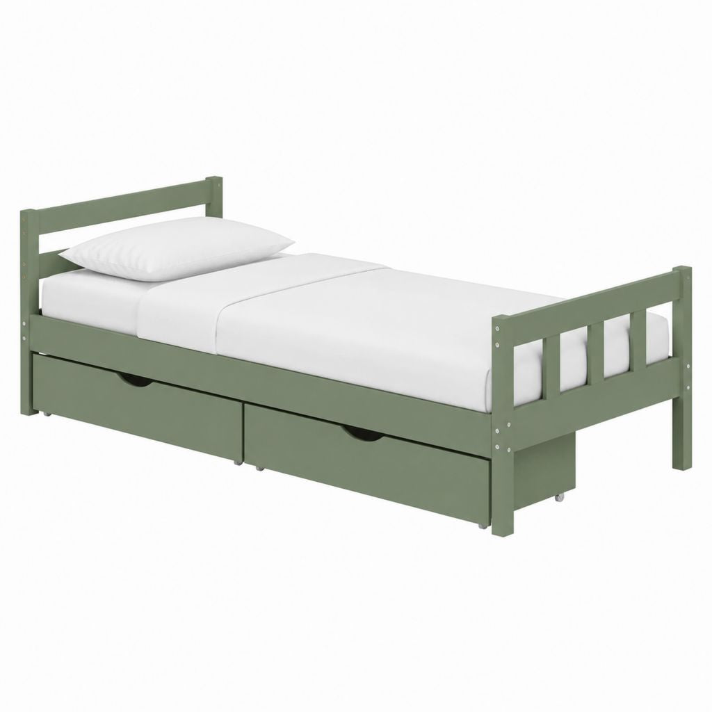 Lit simple avec 2 tiroirs vert en pin massif 90 x 190 cm