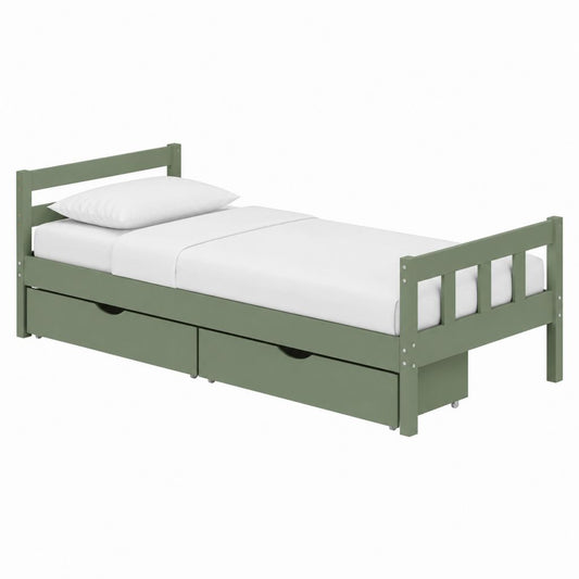 Lit simple avec 2 tiroirs vert en pin massif 90 x 190 cm