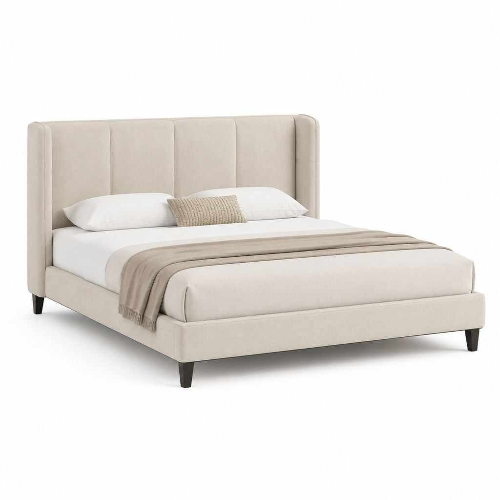Lit double capitonné beige en polyester 160 x 200 cm avec tête de lit
