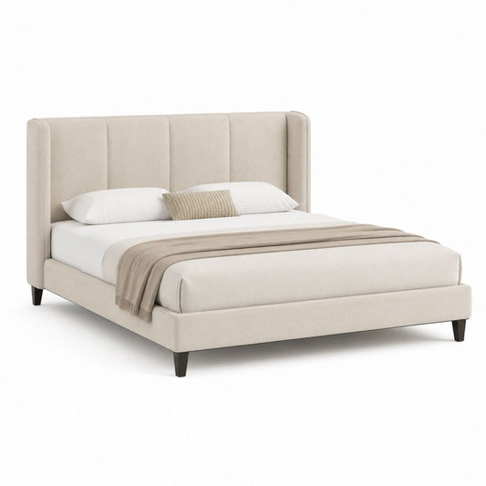 Lit double capitonné beige en polyester 160 x 200 cm avec tête de lit