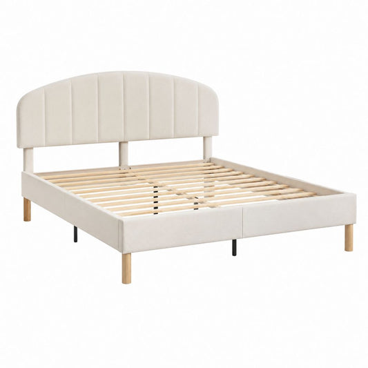 Lit double 160 x 200 cm beige en polyester avec tête de lit arrondie et sommier à lattes