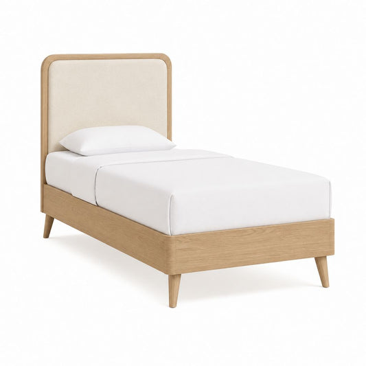 Lit simple avec cadre de lit naturel et beige en MDF plaqué chêne et polyester 90 x 190 cm