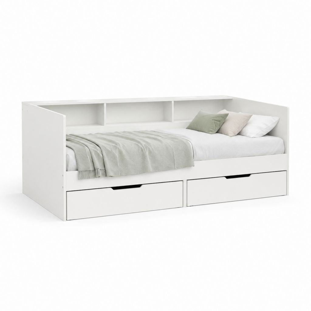 Lit banquette 90 x 200 cm blanc en panneaux de particules avec 2 tiroirs