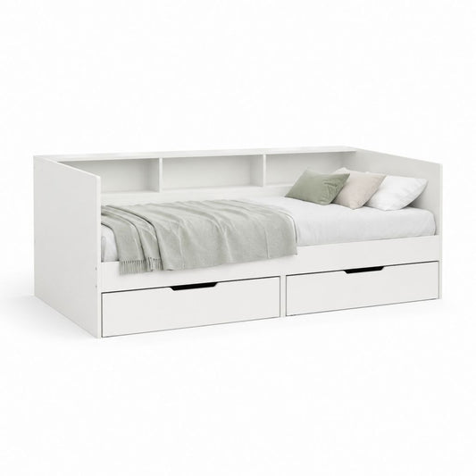 Lit banquette 90 x 200 cm blanc en panneaux de particules avec 2 tiroirs