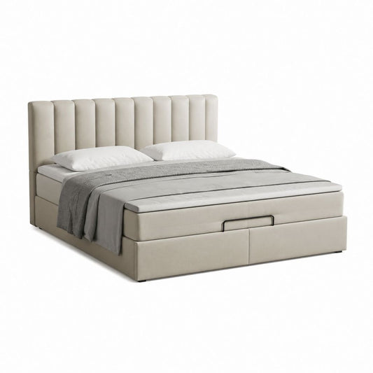 Lit coffre 160 x 200 cm beige en polyester avec tête de lit capitonnée