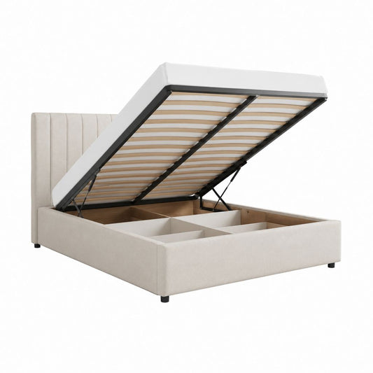 Lit coffre double beige en polyester avec sommier relevable 160 x 200 cm
